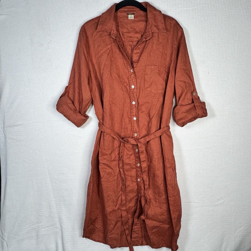 Magaschoni 100% Linen Shirt Dress Coral Roll Tab Sleeve Belted Size Large - Picture 2 of 13